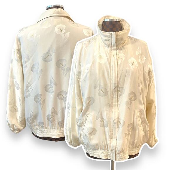 Vtg 80s Floral Silk Bomber Jacket Cream Gold Metallic Coat Size Large Lily - Picture 1 of 9